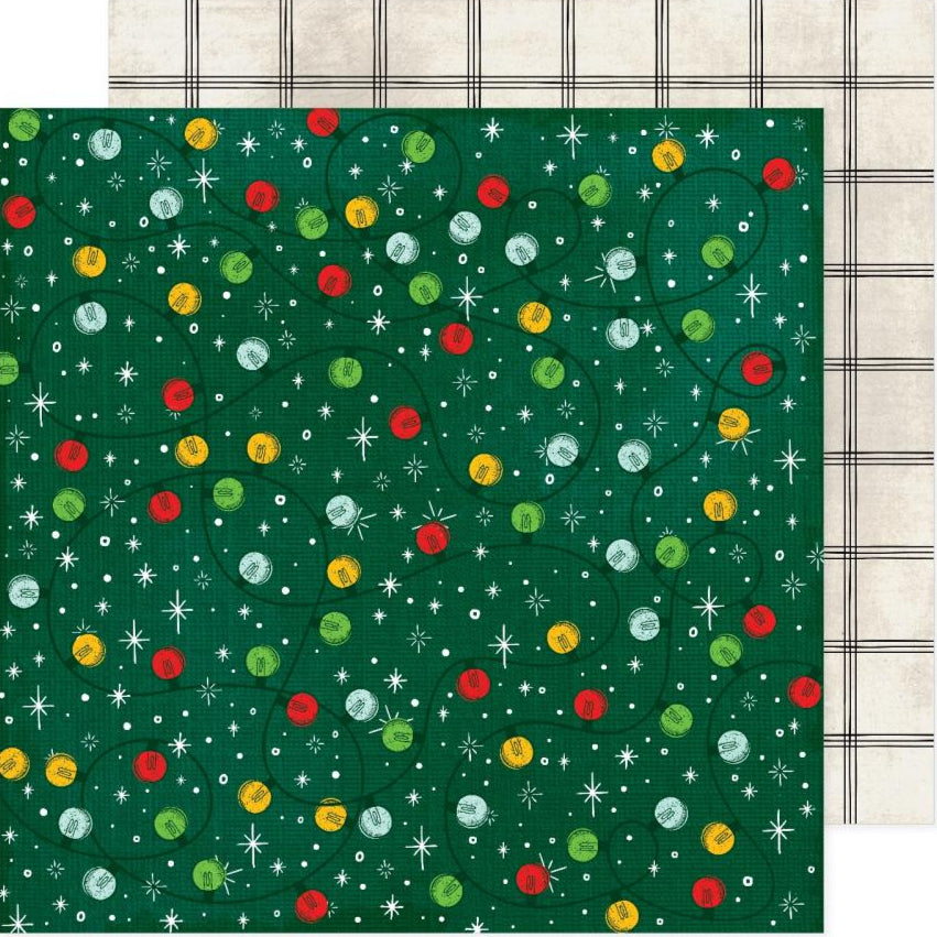 Green paper with colorful dot pattern and a plaid background reverse.