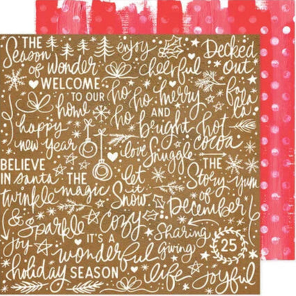 Decorative paper with Christmas-themed text and designs on a kraft background with a red polka dot pattern reverse.