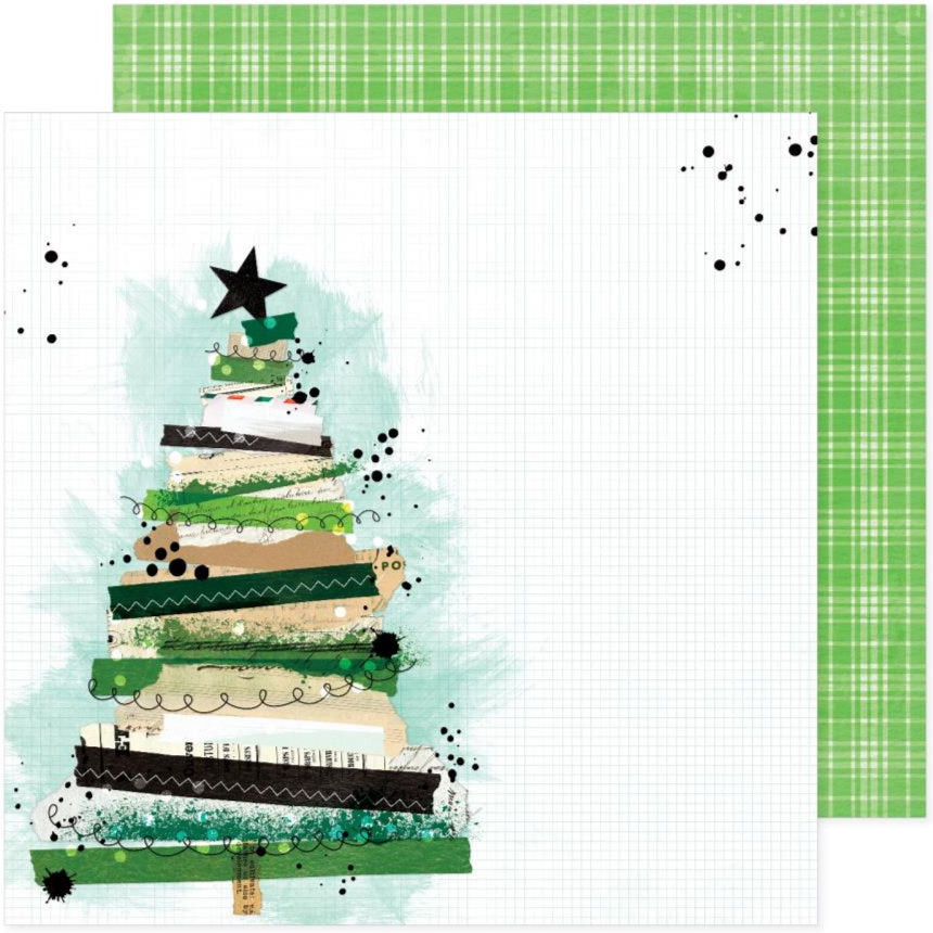Decorative paper with a Christmas tree design with green plaid reverse.