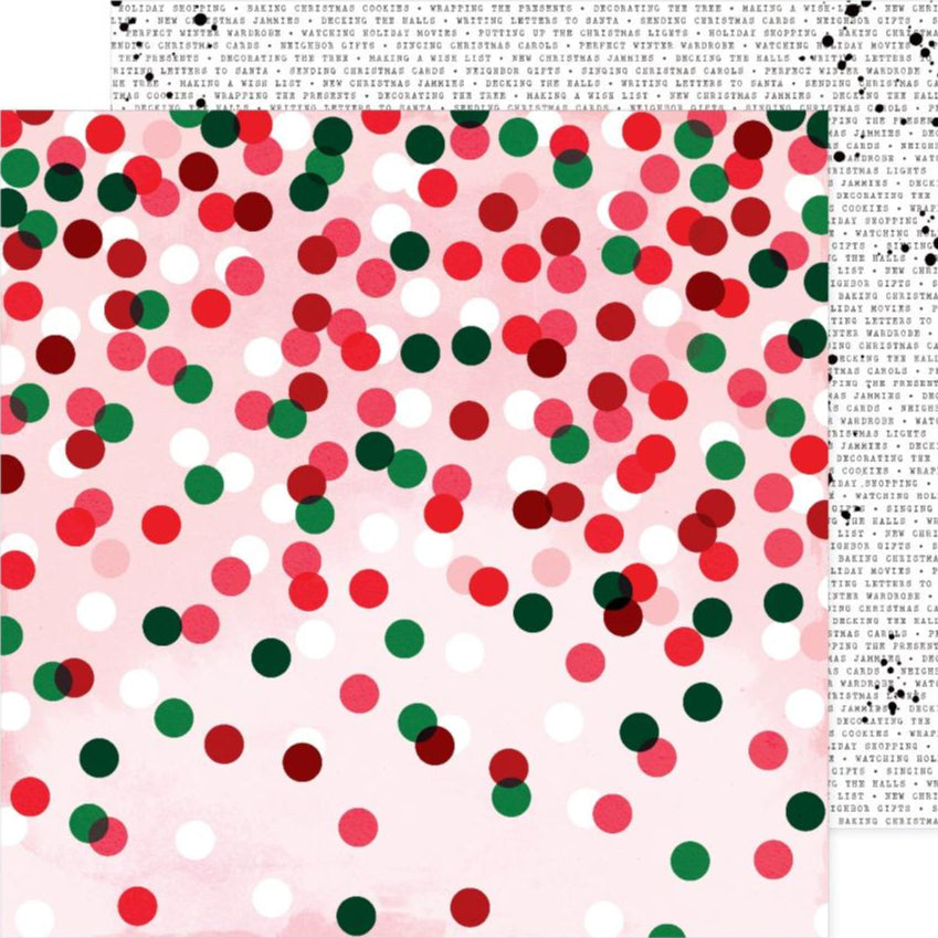 Pattern of red, green, and pink dots on a white background with text on the reverse side.