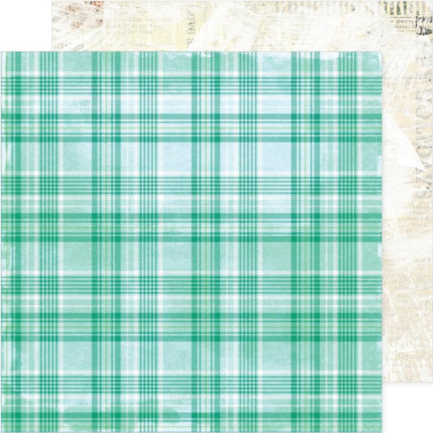 Plaid pattern with green and white colors with a textured white background reverse.
