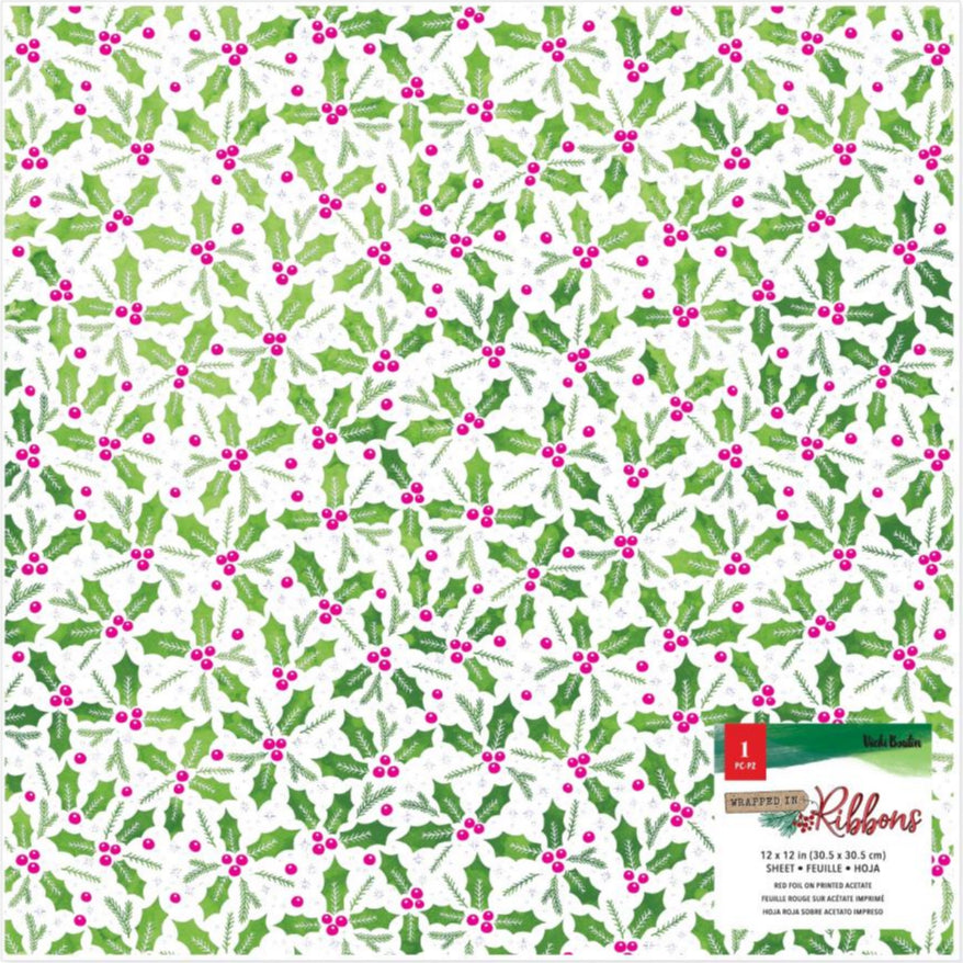 Holly leaf and berry patterned on a transparent acetate background.