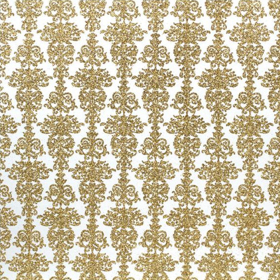 Gold damask glitter pattern on a white background