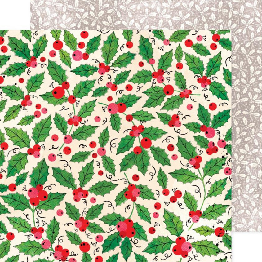 Patterned paper with holly leaves and berries.