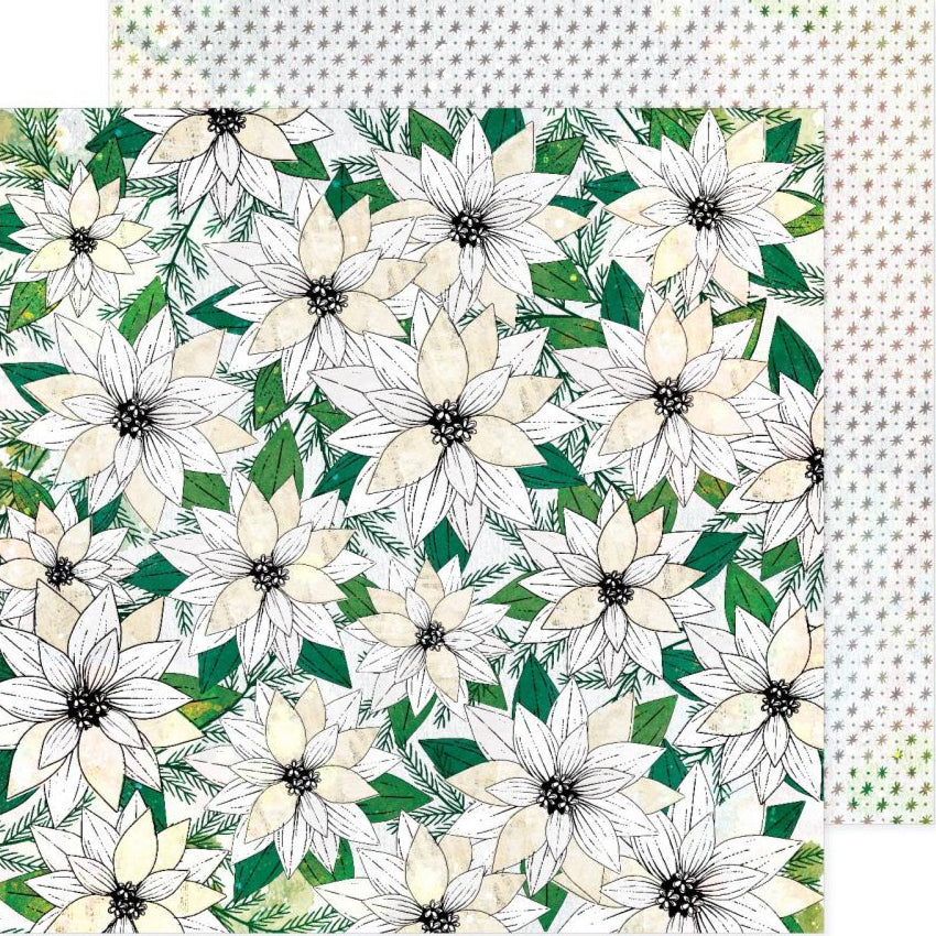Patterned paper with white flowers and green leaves on a white background