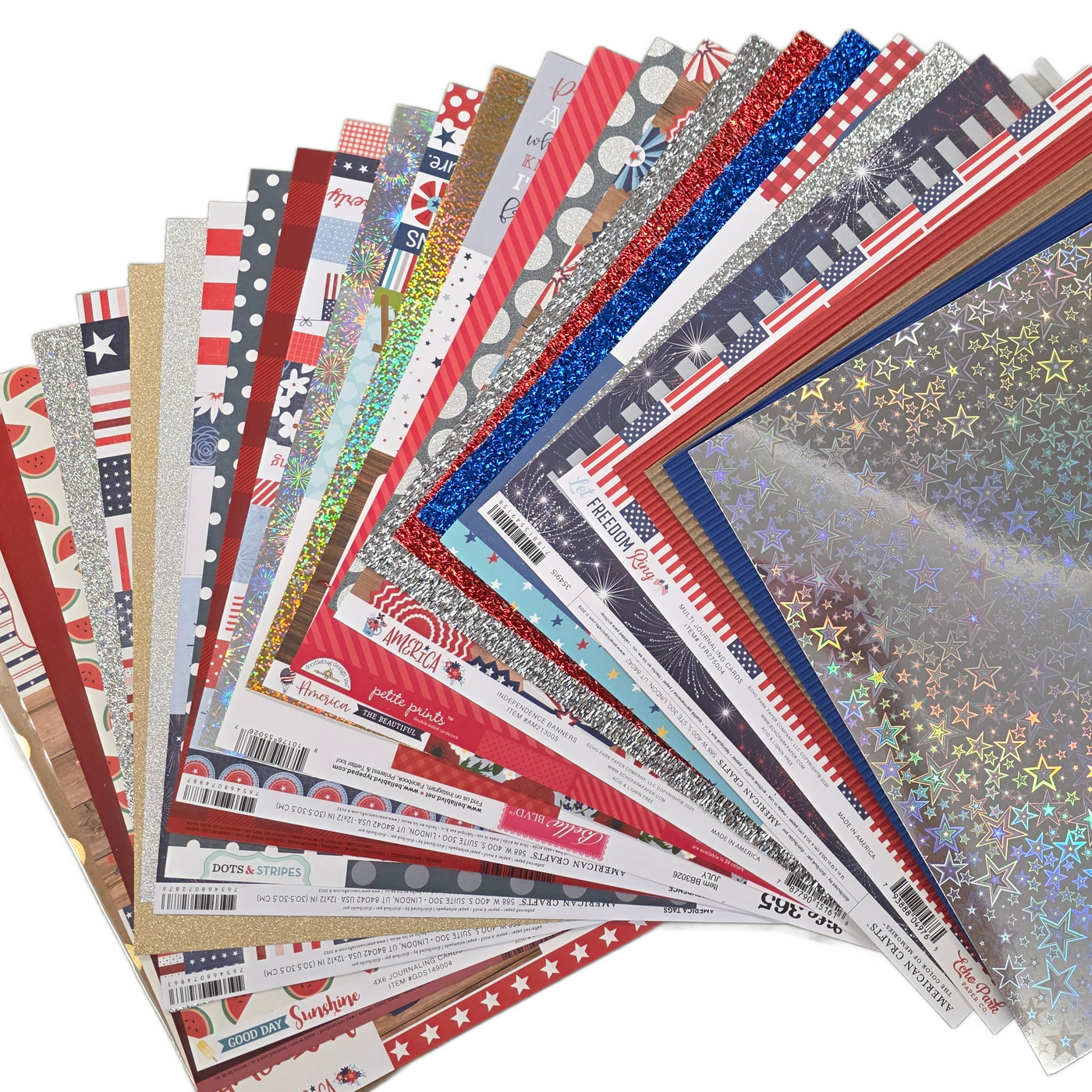 4th of July Patterned Paper Variety Pack includes 31 sheets of cardstock pattern paper for patriotic projects, including red, white, blue patterns, glitter accents, and more. 