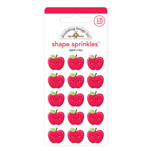 Fifteen adorable apple stickers. Each apple is red, has a smiling face, and a green leaf.  A fun embellishment for craft projects. Bright red colors by Doodlebug Design.