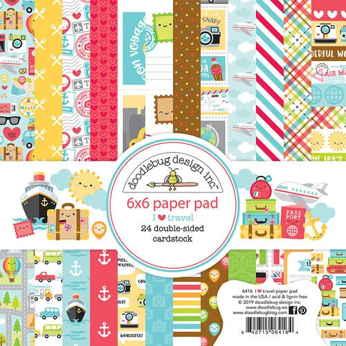 Cute travel patterns, plaid, stripes, and dots in pleasing red, yellow, brown, and blue. This paper pad also has images of cruise ships, cars, and hearts.&nbsp;