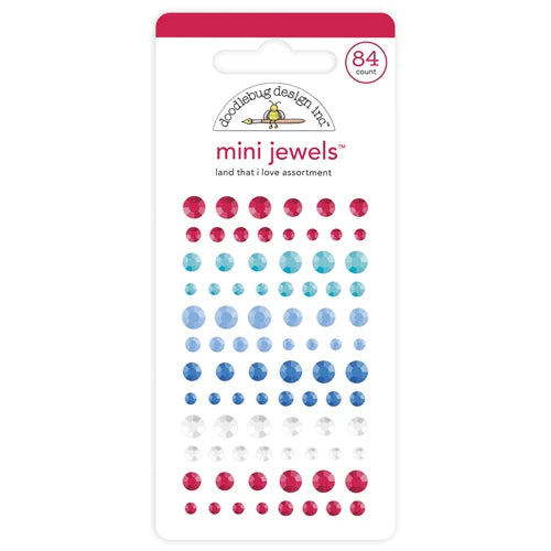 Eighty-four self-adhesive rhinestones in 4th of July colors, small, medium, and large sizes, from Doodlebug Design.