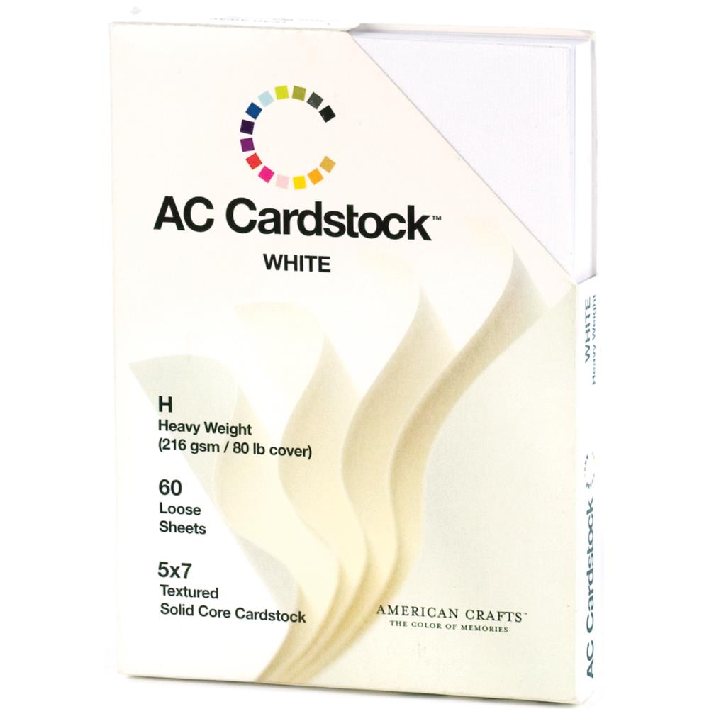 White color cardstock from American Crafts. Perfect 5x7 inch size. Available in 60-sheet packs. AC is the most popular cardstock for die cuts. Weave-textured on one side and smooth on the other. Heavy 80 lb cover. Acid-free and archival safe.