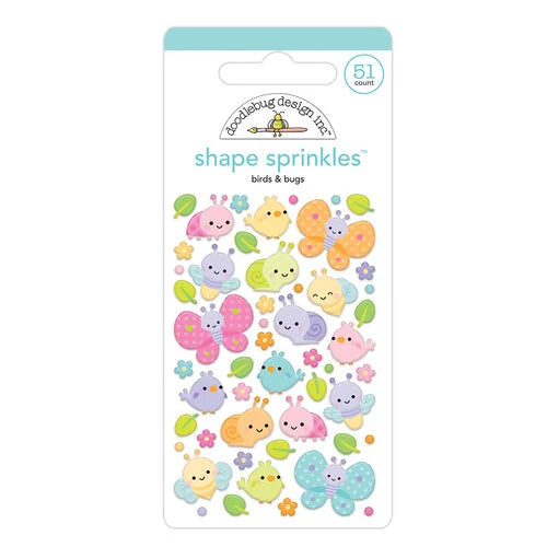 This package includes 51 self-adhesive enamel stickers. The stickers feature pastel-colored birds and bugs with leaves and flowers. They are from Doodlebug Design.