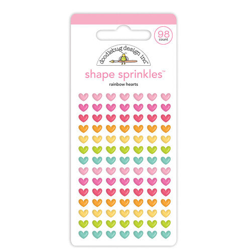 Introducing the Rainbow Hearts Shape Sprinkles by Doodlebug Design! Add a delightful touch to your crafts and projects with these self-adhesive enamel shapes. Bursting with love and charm, this set features a variety of adorable heart-shaped designs in vibrant colors. 