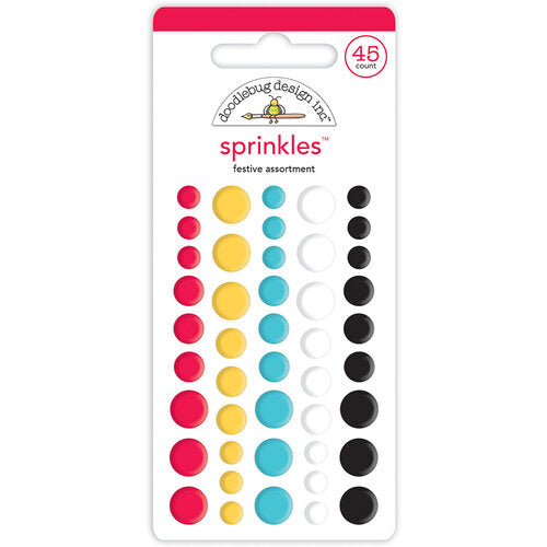 Add a touch of color and fun to your projects with FESTIVE ASSORTMENT Shape Sprinkles from Doodlebug Design. This pack contains 45 self-adhesive enamel stickers in 5 vibrant colors. With a mix of 4, 6, and 8 mm sizes, you'll have just the right size for your designs.