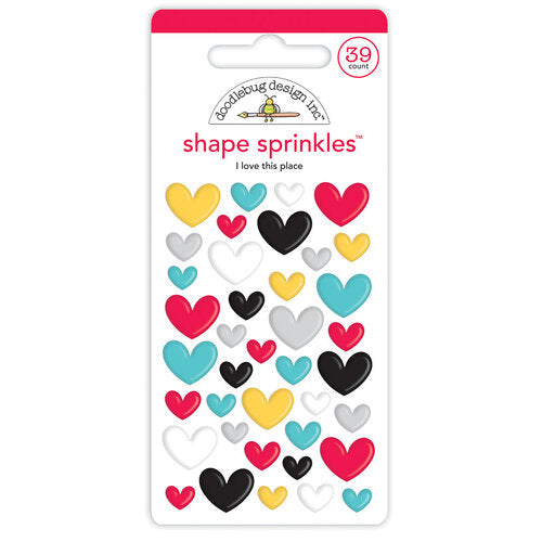 This package includes hearts in assorted sizes. Assorted shapes come in multiple colors and sizes from Doodlebug Design.