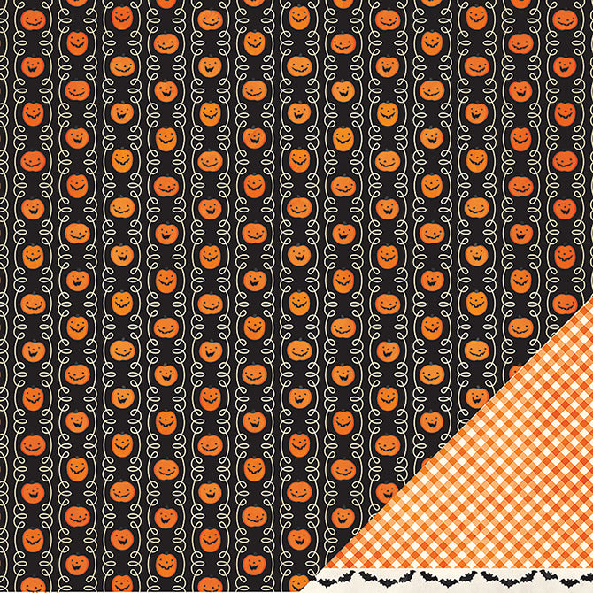 Printed on two sides. (Side A -  orange pumpkins with white squiggly lines on a black background, Side B - orange and white gingham) Archival quality and acid-free.