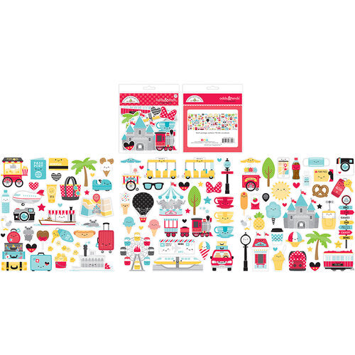 Odds & Ends die-cut cardstock pieces are part of the Fun At The Park Collection. The Fun At The Park package includes images of food, park rides, luggage, a castle, etc. Odds & Ends die-cut pieces can be added to cards, scrapbook pages, tags, journals, planners, and other paper crafting projects.
