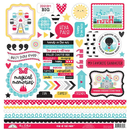 Fun At The Park This &amp; That are 12" x 12" cardstock stickers from the Fun At The Park Collection by Doodlebug. This set of stickers includes theme park images, phrases, hearts, quotation marks, banners, borders, and more!&nbsp;&nbsp;