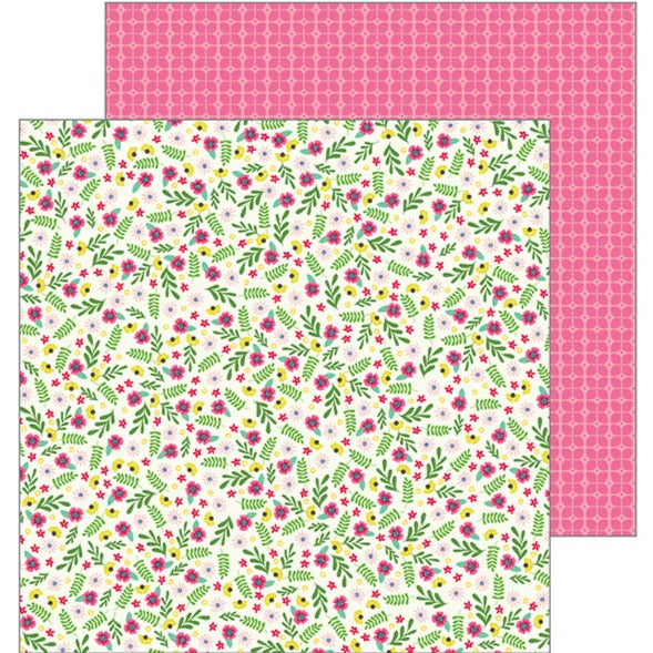 12x12 printed on two sides. (Side A - colorful pink and yellow flowers and green leaves on a cream background; Side B - repeating pink geometric pattern on a pink background). Archival quality and acid-free.