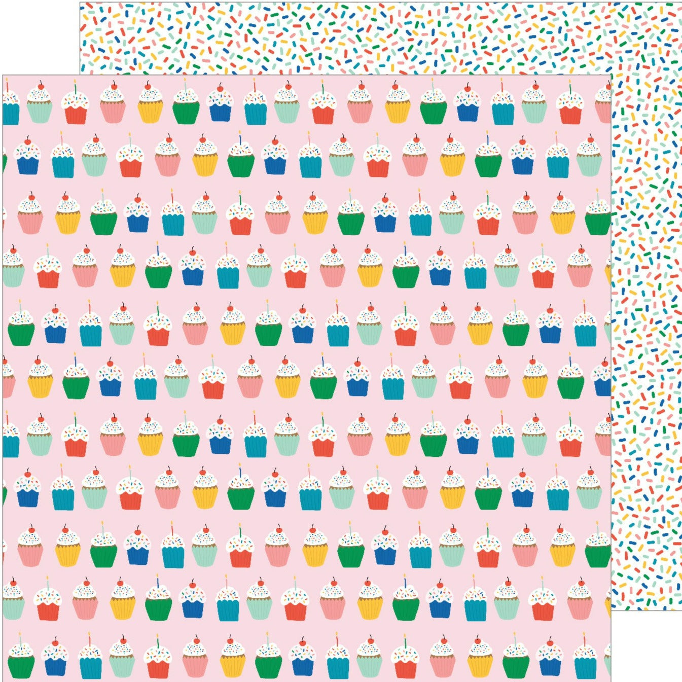12x12 double-sided patterned cardstock - (Side A - rows of cupcakes in a rainbow of colors on a pink background, Side B - confetti in a rainbow of colors on a white background) - Pebbles