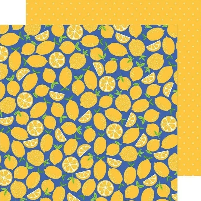 (lemons of varied sizes on a blue background - light yellow dots on a yellow background reverse). 12x12 double-sided paper by Pebbles.