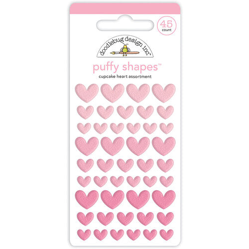 45 Self-adhesive puffy heart shapes in small, medium, and large sizes. All pink. From Doodlebug Design.