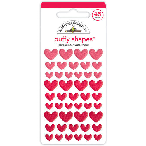 45 Self-adhesive puffy heart shapes in small, medium, and large sizes. All RED. From Doodlebug Design.