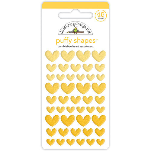 45 Self-adhesive puffy heart shapes in small, medium, and large sizes. All yellow. From Doodlebug Design.