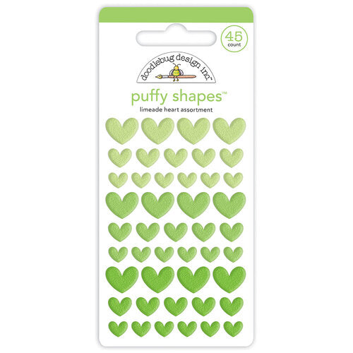 45 Self-adhesive puffy heart shapes in small, medium, and large sizes. All green. From Doodlebug Design.
