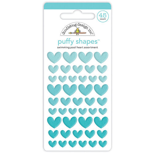 45 Self-adhesive puffy heart shapes in small, medium, and large sizes. All turquoise. From Doodlebug Design.