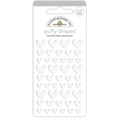 45 Self-adhesive puffy heart shapes in small, medium, and large sizes. All white. From Doodlebug Design.