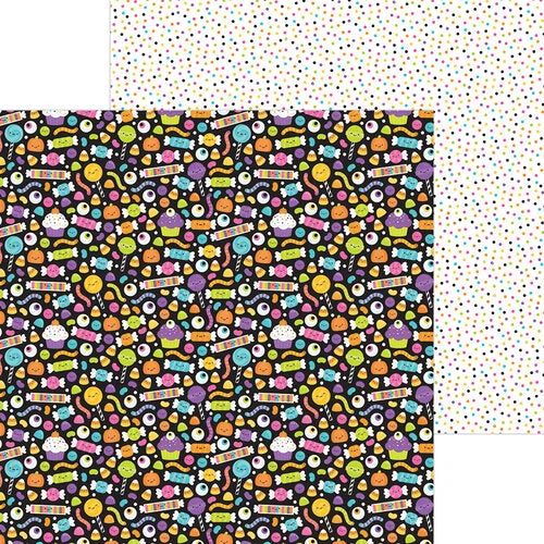 Colorful patterned paper with Halloween-themed candy designs on a black background, with colorful polka dots on a white background.