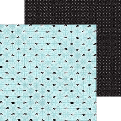 (Side A - a light blue background with a pattern of black spiders and matching light blue cobwebs; Side B - a solid black background with a pattern of small, fine white polka dots)