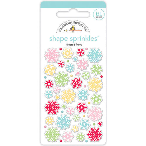 51-count self-adhesive enamel shapes of sweet pastel snowflakes, a fun embellishment for craft projects by Doodlebug Design.