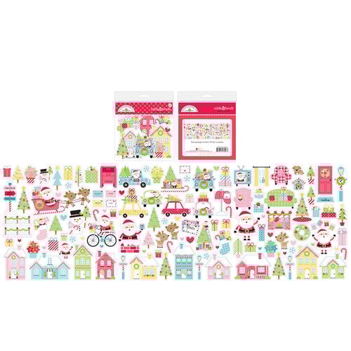 Packaging of Christmas-themed stickers with Santa Claus, reindeer, and festive elements on a white background.