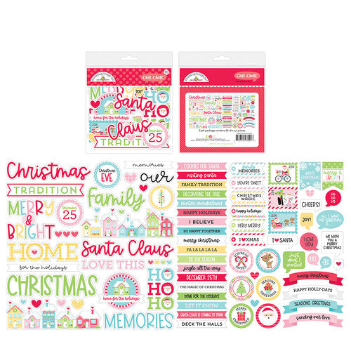 Packaging of Christmas-themed stickers with colorful designs on a white background