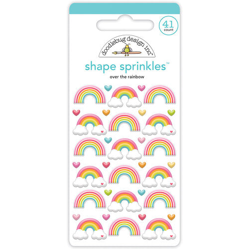 Colorful self-adhesive rainbows and clouds with hearts in bright pastels from Doodlebug Design.