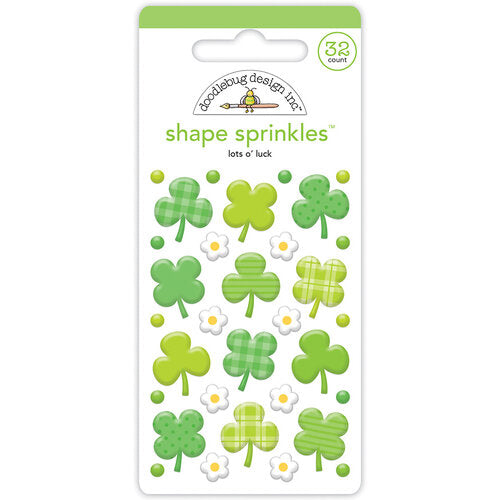 Colorful self-adhesive shamrocks and daisies in pleasing greens from Doodlebug Design.