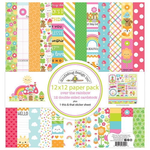Pack of twelve 12" x 12" double-sided papers and one sticker sheet from the Over The Rainbow collection. Versatile for card making and crafts. Doodlebug Design