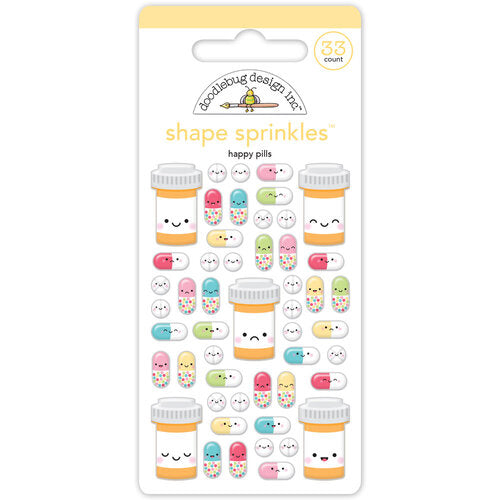 Pastel, self-adhesive pills and pill bottles are fun embellishments for craft projects by Doodlebug Design.