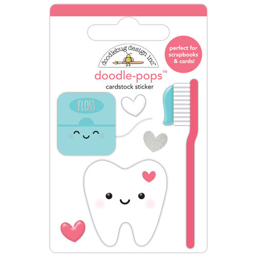 Tooth with toothbrush and floss doodle-pops sticker, a fun embellishment for craft projects by Doodlebug Design.