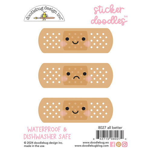 Darling self-adhesive bandaids with happy and sad faces. These fun stickers can be used anywhere! Even to decorate your water bottle or just use on crafts! They are waterproof and dishwasher safe. - from Doodlebug Design.