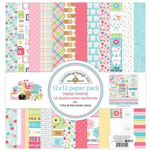 Pack of twelve 12" x 12" double-sided papers and one sticker sheet from the Happy Healing collection. Versatile for card making and crafts. Doodlebug Design