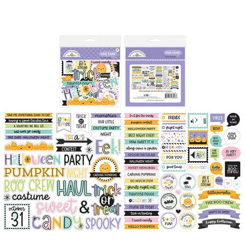 Halloween-themed decorative die cuts with various designs and text.