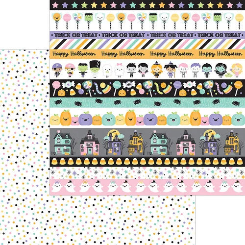 Collection of Halloween-themed decorative borders with various designs with a polka dot pattern reverse.