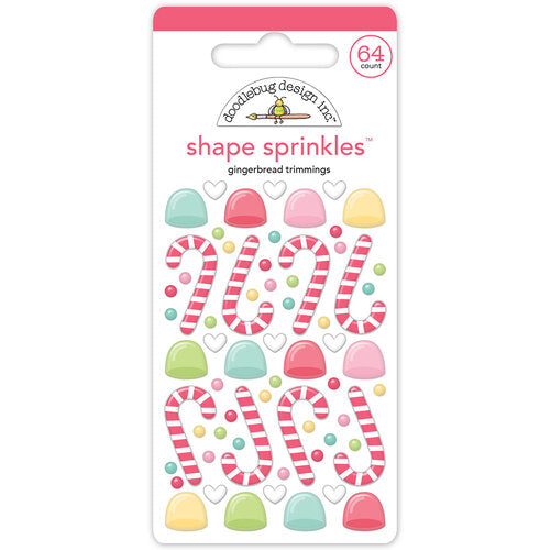 64-count self-adhesive enamel shapes of yummy pastel candy canes and gumdrops, a fun embellishment for craft projects by Doodlebug Design.
