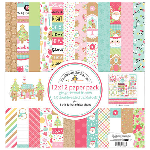 Pack of twelve 12" x 12" double-sided papers and one sticker sheet from the Gingerbread Kisses collection. Versatile for card making and crafts. Doodlebug Design