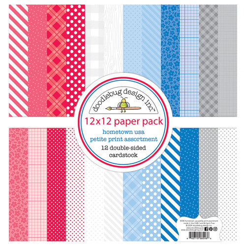 This is a pack of twelve 12" x 12" double-sided papers, Hometown USA petite-prints assortment, Versatile for card making and crafts—12x12 inch.