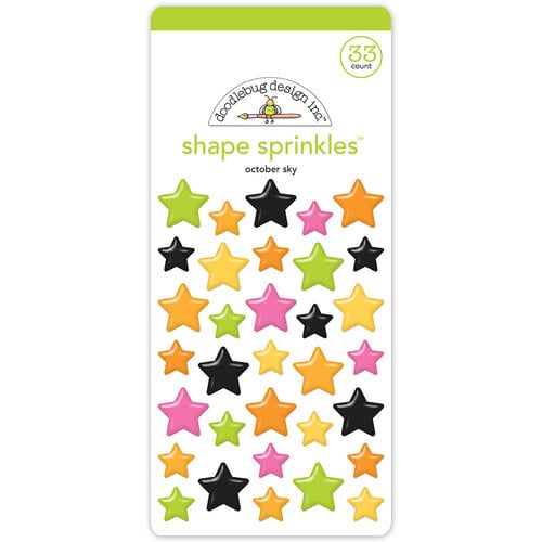 Packaging of Doodlebug Design Inc. shape sprinkles with colorful star-shaped stickers on a white background.
