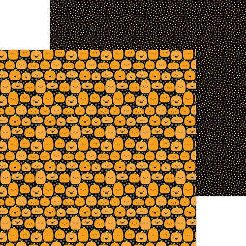 Pattern of cute pumpkins with smiling faces on a black background, colored polka dots on a black background reverse.