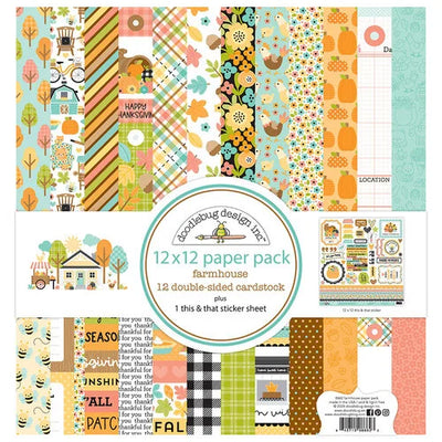 Pack of twelve 12" x 12" double-sided papers and one sticker sheet from the Farmhouse collection. Versatile for card making and crafts. Doodlebug Design